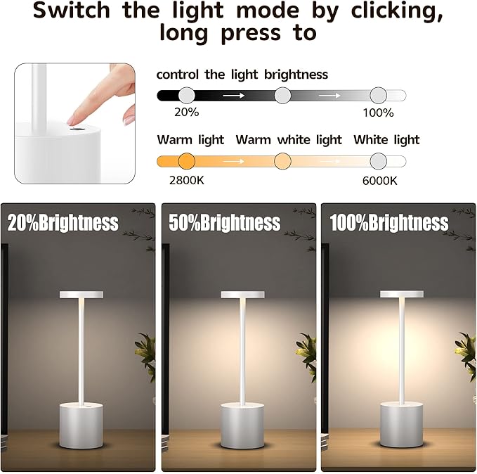 2Pack Cordless Table Lamp, Rechargeable LED Battery 5000mAh Metal USB Portable Powered Desk Lamp, 3 Levels Brightness Light for Restaurants Outdoor (2 pack 10.25in White)