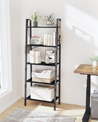Ladder Shelf, Bookshelf Bookcase, Freestanding Corner Storage Shelve with 2 Hooks for Home Office, Living Room, Kitchen, Bedroom, Industrial, 5-Tier Black BC19304B