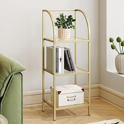 Bookcase Bookshelf, Tempered Glass Arched Bookshelf for More Storage, Slim Shelving Unit for Bedroom, Bathroom, Home Office, Steel Frame, 3 Tier Gold BC20399G