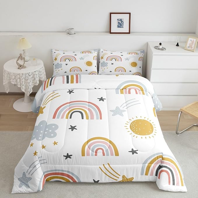 Erosebridal Girls Rainbow Bedding Set, Sun and Stars Comforter Set Twin Size for Kids Boys Children Cartoon Style Cloud Bedding Comforters Girly Soft Microfiber Duvet Insert for Bedroom Decor