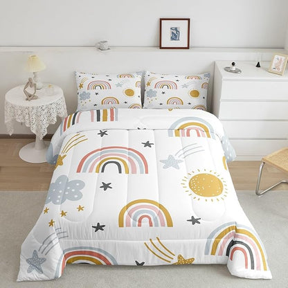 Erosebridal Girls Rainbow Bedding Set, Sun and Stars Comforter Set Twin Size for Kids Boys Children Cartoon Style Cloud Bedding Comforters Girly Soft Microfiber Duvet Insert for Bedroom Decor