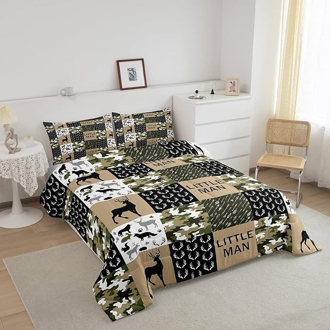 Manfei Deer Antlers Animals Silhouette Comforter Set Twin,Camo Geometric Checks Bedding Set 2pcs for Kids Adults Room Decor,Nordic Boho Arrow Quilt Set,Vintage Green Duvet Insert with 1 Pillowcase