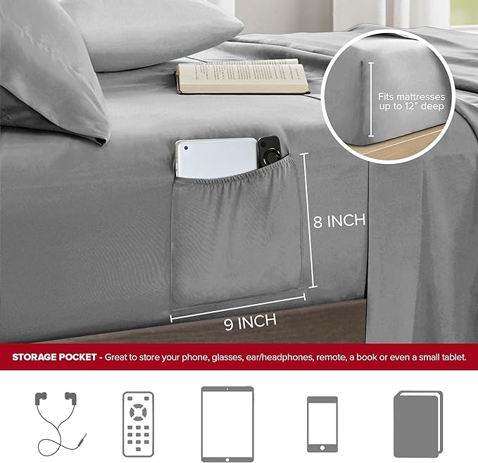 Comfort Spaces Twin Comforter Sets with Sheets - Bed in a Bag 6 Pieces Teen Bedding Sets Twin, Red and Grey Stripes Bedding Twin, College Twin Bed Set with 2 Side Pockets Bedroom Organizer