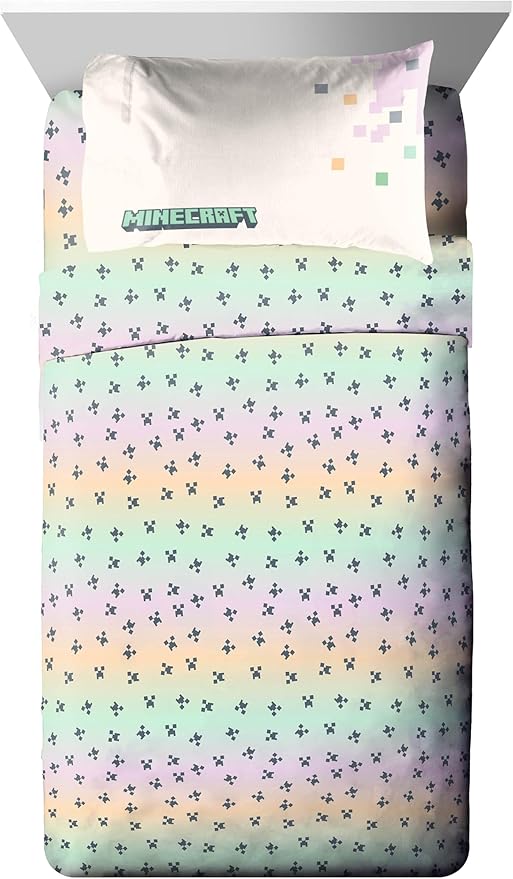 Minecraft Creeper Full Comforter Set - 7 Piece Bedding includes Sheet Set & Pillow Covers - Super Soft Pink & Green Kids Bedding