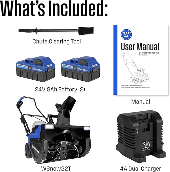 Westinghouse WSnow22 48V Cordless Snow Blower 22 Inch Kit, Steel Auger, LED Lights, 1600W Brushless Motor, 25ft Throwing Distance, Plows 840lbs/min, Compatible with Snow Joe Batteries