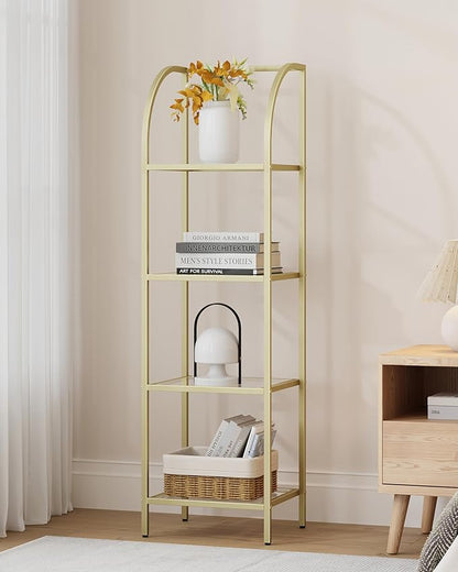 Bookcase Bookshelf, Tempered Glass Arched Bookshelf for More Storage, Slim Shelving Unit for Bedroom, Bathroom, Home Office, Steel Frame, 4 Tier Gold BC20499G