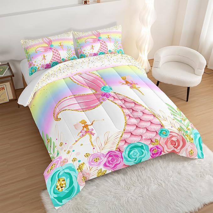 HOSIMA Mermaid Comforter with 2 Pillowcases,Girly Rainbow Bedding Set Glitter Pink Mermaid Tail Comforter Set,Flower Fairies Rose Gold Comforter Set,Floral Queen Comforter Set.
