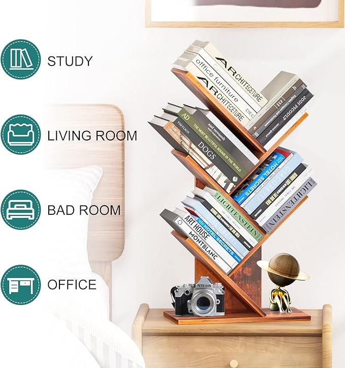 Tree Bookshelf, 5 -Tier Book Storage Organizer Shelves Floor Standing Bookcase, Wood Storage Rack for Office Home School Shelf Display for Cd/Magazine (Rustic Brown)