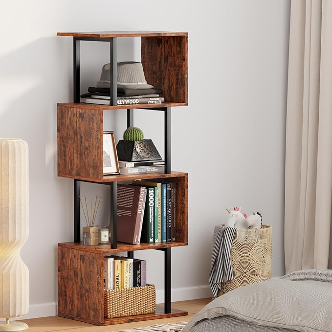 Furologee 5-Tier Bookshelf, S-Shaped Geometric Bookcase, Narrow Freestanding Display Shelves, Modern Wood Decorative Storage Shelving Rack for Bedroom, Living Room, Home Office, Rustic Brown