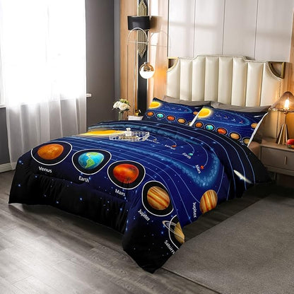 Solar System Comforter Set Full Galaxy Bedding Set Outer Space Down Comforter Kids Boys Girls Starry Sky Universe Planets Duvet Set Room Decor Super Soft Astronomy Quilt Duvet Insert, Blue