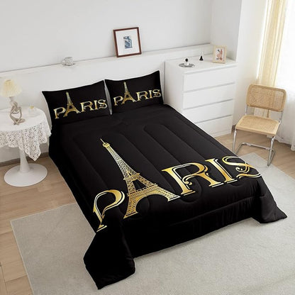 Erosebridal Eiffel Tower Comforter Set, City Building of Paris Bedding Set Twin Size, Gold Black Duvet Sets for Kids Boys Girls Teens Bedroom, Soft Microfiber Bedding Comforters with 1 Pillow Case