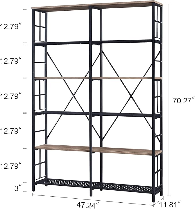 HOMISSUE Double Wide 6-Tier Bookshelf,Industrial Bookcases with Metal Frame,Open Large Storage Bookshelves,Wood Style and Metal Tall Display Shelves for Living Room Office,Brown