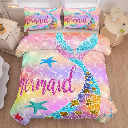 NINENINE Mermaid Bedding Sets 5PCS Twin Size Comforter Sets for Girls, Glitter Bedding Set Toddler Comforter Sets for Girls (1Comforter, 1Flat Sheet, 1Fitted Sheet, 2Pillowcases)