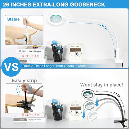 26" Gooseneck Magnifying Lamp with Clamp, 5 Color Modes Stepless Dimmable LED Desk Light with Magnifying Glass, 8X Real Glass Lighted Magnifier Hands Free for Painting Close Work Craft Hobby