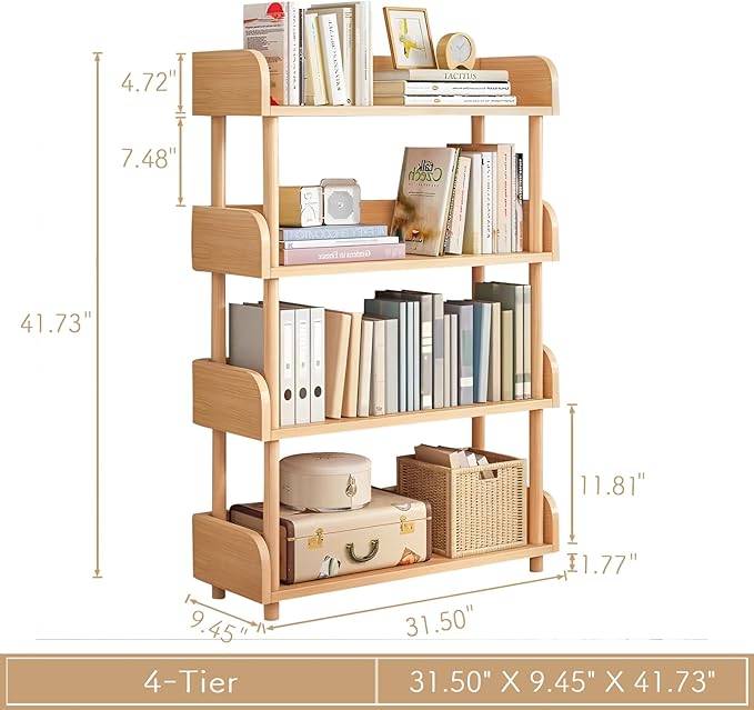 4-Tier Wooden Open Bookcase - Modern Display Bookshelf with Top Edge and Solid Wood Frame for Home and Office, Storage Cabinet, Oak