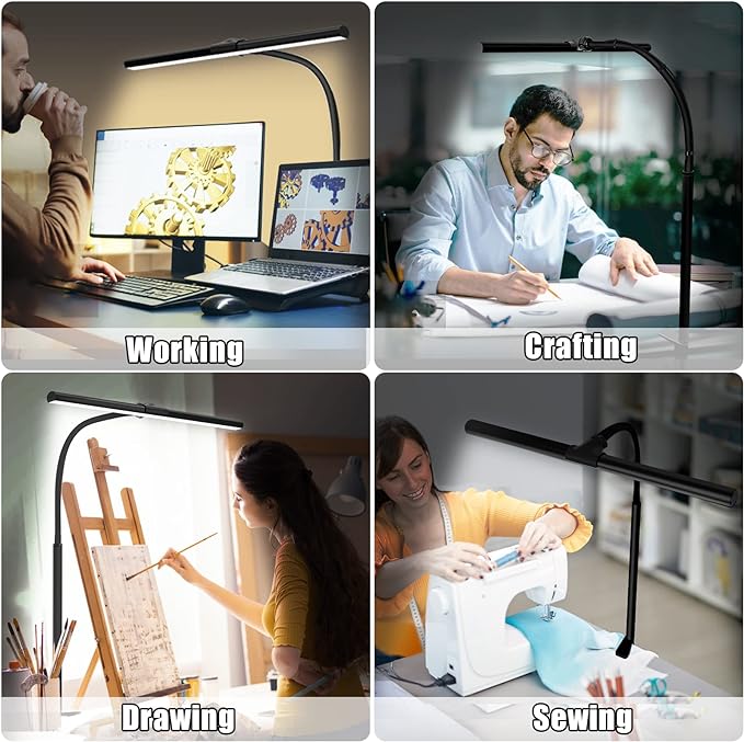 Led Eye-Caring Desk Lights for Home Office, Modern Office Lamp, 12W Dimmable & 5 Color Modes Extra Bright Tall Architect Clamp Lamp for Workbench Monitor Crafting