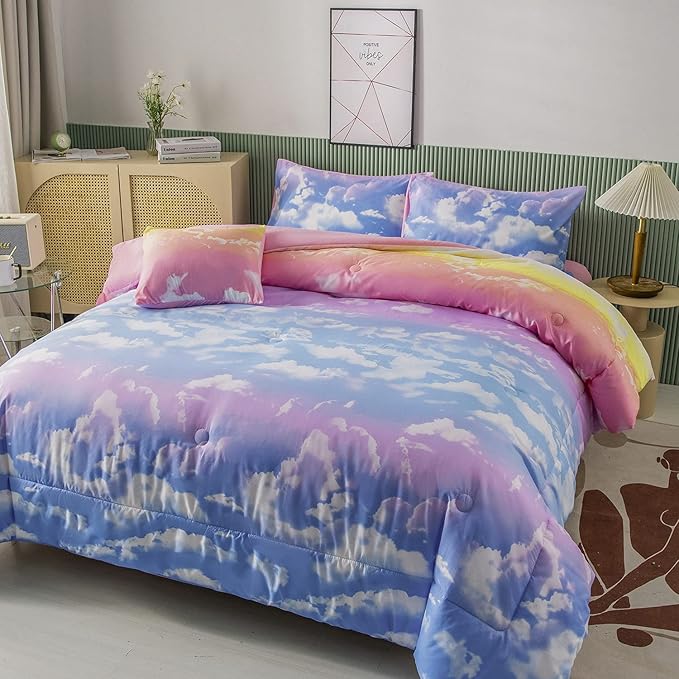 PERFEMET Twin Comforter Set for Girls, Corlofrul Rainbow Twin Size Bedding Set, 6Pcs Blue Sky and White Cloud Print Twin Size Bed in A Bag with Comforter and Sheets
