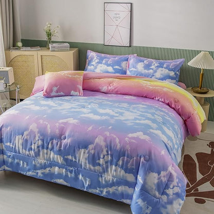 PERFEMET Twin Comforter Set for Girls, Corlofrul Rainbow Twin Size Bedding Set, 6Pcs Blue Sky and White Cloud Print Twin Size Bed in A Bag with Comforter and Sheets