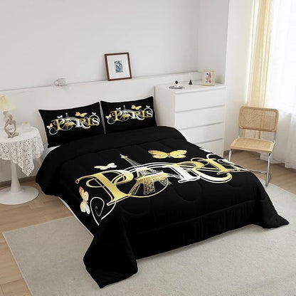 Eiffel Tower Comforter Chic Paris Theme Bedding Set for Kids Boys Girls Butterfly Paris Cityscape Printed Comforter Set Modern French Style Duvet Set Golden Black Bedroom Decor Quilt Set Twin Size