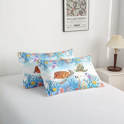CVHOUSE Sea Turtle Comforter Set,Ocean Watercolor Sea Turtle Bedding Set for Kids Teens,Ocean Sea Turtle Comforter Sea Turtle Duvet Set Room Decor Quilt Set Twin Size