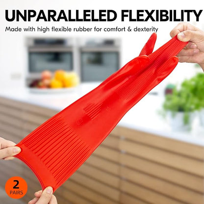 Vgo 2-Pairs Dishwashing Gloves, Reusable Household Gloves, Long Sleeve, Thick Latex, Cleaning, Washing, Painting, Gardening, Pet Care (Size L, Red, RB2143)