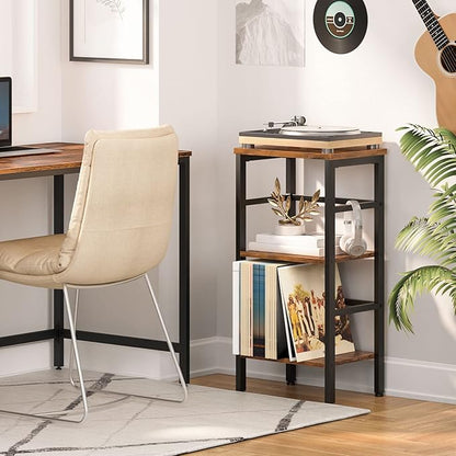 HOOBRO 3 Tier Bookshelf, Narrow Bookshelf, Record Storage Rack with Side Fence, Wooden Free-Standing Shelf Units, Narrow Display Shelf for Living Room, Bedroom, Classroom, Rustic Brown BF80CJ01