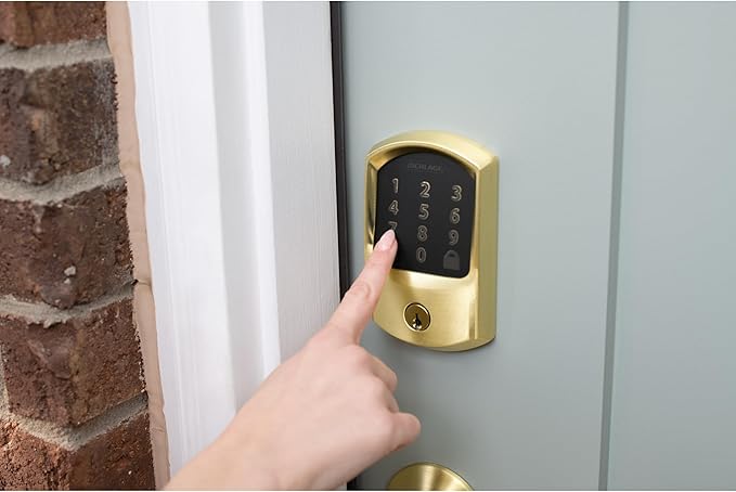 Schlage Encode Smart WiFi Deadbolt Lock for Front Door - Keyless Entry with App or Touchscreen - Works with Alexa, Apple HomeKit, Hey Google, & Airbnb - Create Codes for Guests - Satin Brass Gold