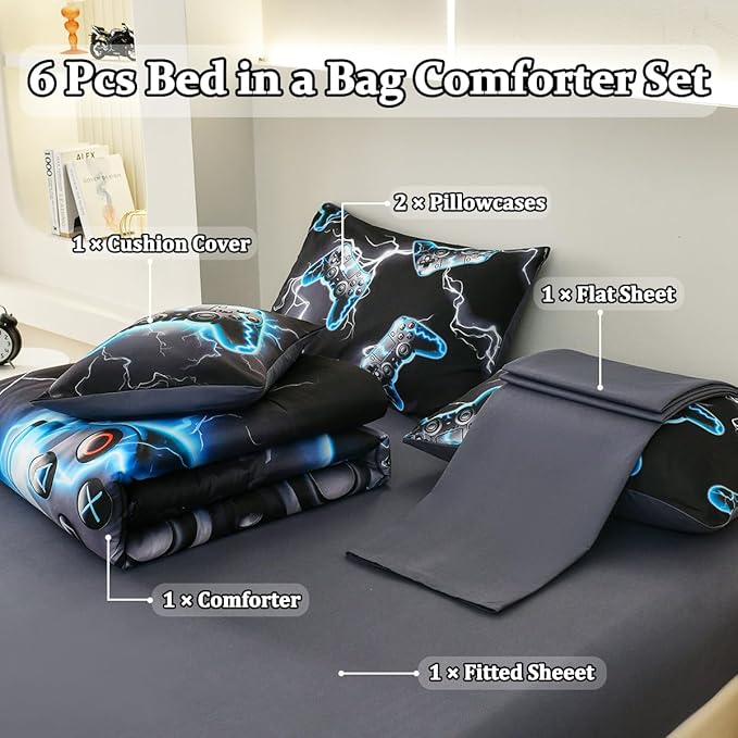 Game Console Full Comforter Set with Sheets, Microfiber 6 Pcs Bed in A Bag Full Size Gamer Bedding Set for Boys Kids Teens