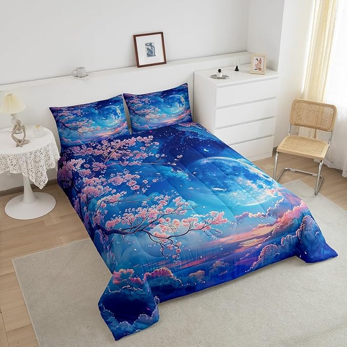 Manfei Cherry Blossoms Comforter Set Twin Size,Moonnight Cloud Starry Sky Bedding Set,Girls Women Room Decor,Sakura Flowers Chinese Style Down Comforter,Pink Blue Romantic Duvet Insert,1 Pillowcase