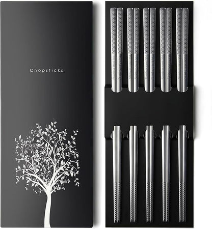 IQCWOOD Laser Engraved 18/8 Stainless Steel Chopsticks, 5 Pairs Reusable Dishwasher Safe Metal Chopsticks, Non-Slip Square Japanese Korean Style Chop Sticks for Cooking Eating, 9 1/4 Inches Gift Set