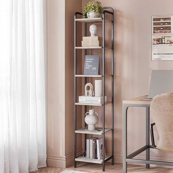 Bookcase Bookshelf, Narrow Book Shelf, Industrial Coner Shelf Storage Organizer, Slim Shelving Unit for Home Office, Living Room, Bedroom, Kitchen, 6-Tier Greige BC24605B