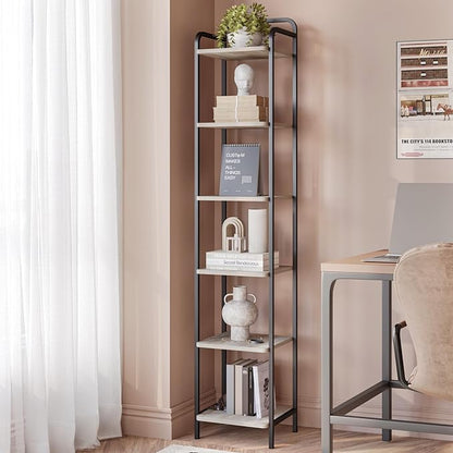 Bookcase Bookshelf, Narrow Book Shelf, Industrial Coner Shelf Storage Organizer, Slim Shelving Unit for Home Office, Living Room, Bedroom, Kitchen, 6-Tier Greige BC24605B