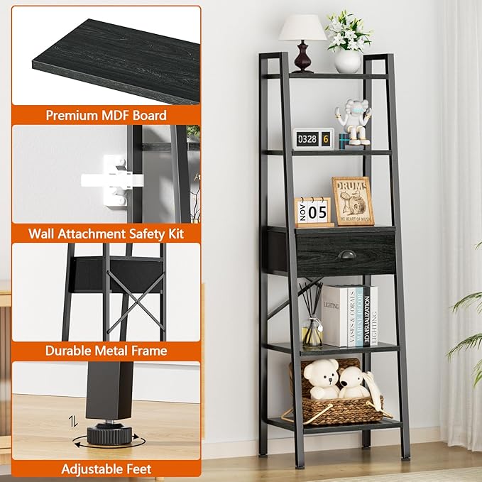 Furologee 5 Tier BookShelf, Ladder Shelf with Drawer, Tall Bookcase Corner Shelf, Narrow Shelf Industrial Display Standing Units for Home Office, Living Room, Bedroom, Kitchen, Black Oak