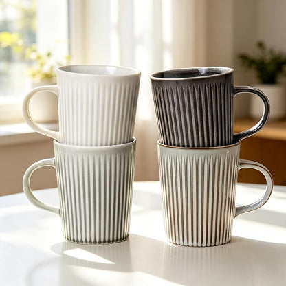 Coffee Mugs Set of 4, 18oz Large Striped Stoneware Coffee Cups with Handle | Handmade Ceramic Mugs Set for Women and Men, Dishwasher and Microwave Safe, Suitable for Hot Coffee, Tea, Cocoa, Milk, Glossy