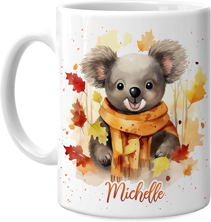 Hyturtle Personalized Fall Koala Coffee Mug Gifts on Birthday, Autumn Décor | Gifts For Koala Lovers - Fall Decoration Gift For Farmhouse Thanksgiving - Custom Name 11oz White Ceramic Coffee Tea Mug