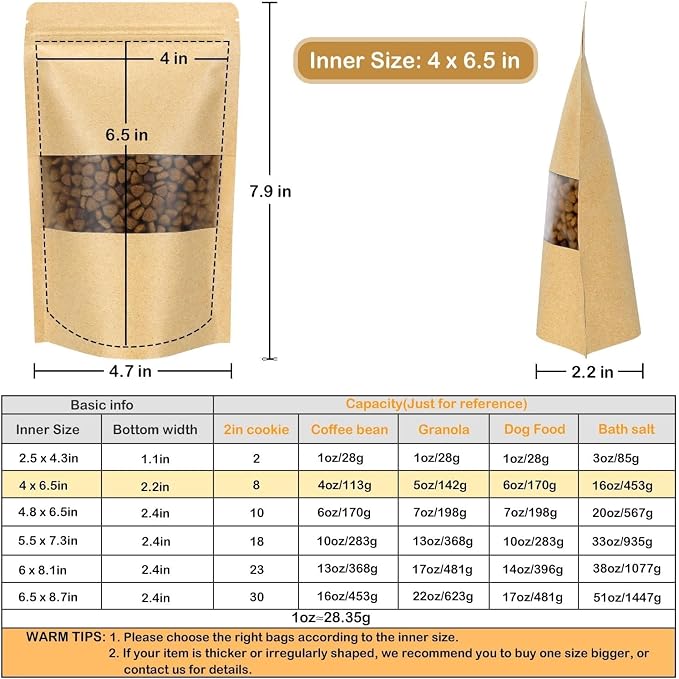 50 Pack Kraft Resealable Bags with Window for Storage (4 x 6.5 Inches) | Brown Zipper-Lock Heat Sealable Stand Up Pouch Bags with Matte Window and Tear Notch for Small Business Home Use