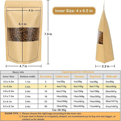 50 Pack Kraft Resealable Bags with Window for Storage (4 x 6.5 Inches) | Brown Zipper-Lock Heat Sealable Stand Up Pouch Bags with Matte Window and Tear Notch for Small Business Home Use