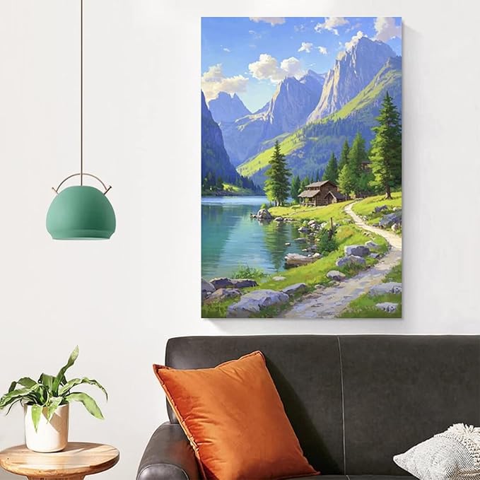 Landscape wall painting of mountain forest lakeside cabin under blue sky and white clouds natural oil painting poster suitable for living room bedroom office