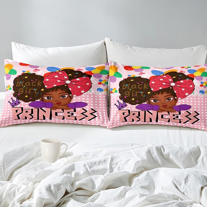Black Girl Full Size Comforter Sets for Girls, African Black Girl Full Size Comforter Sets Girls Room Cute Full Size Comforter Set Pink Princess Full Size Bedding Set, Full (1 Comforter 2 Pillowcases)