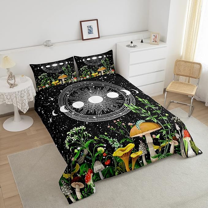 Cute Mushroom Comforter Set Sun Moon All Season Down Comforter for Kids Boys Girls Teens Trippy Decor Boho Galaxy Constellations Bedding Set Starry Sky Wild Flowers Quilt Room Decor King Size Boys