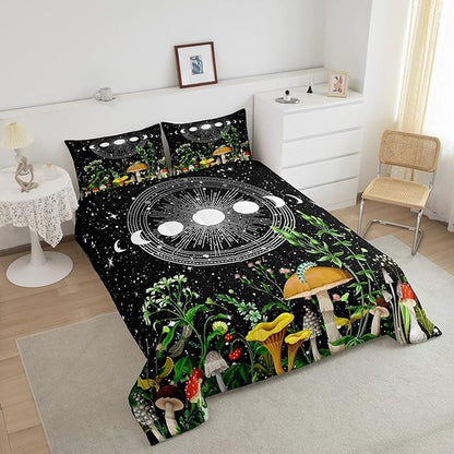 Cute Mushroom Comforter Set Sun and Moon All Season Down Comforter for Kids Boys Girls Teens Trippy Decor Boho Galaxy Constellations Bedding Set Starry Sky Wild Flowers Quilt Set Room Decor Queen Size
