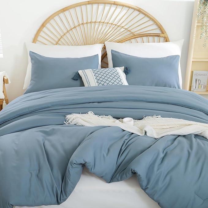 Dusty Blue Comforter California King Comforter Set - 3PCS Grayish Blue Oversized Boho Beddsing Set Soft Fluffy Microfiber Comforter for All Season (1 Comforter, 2 Pillowcases)