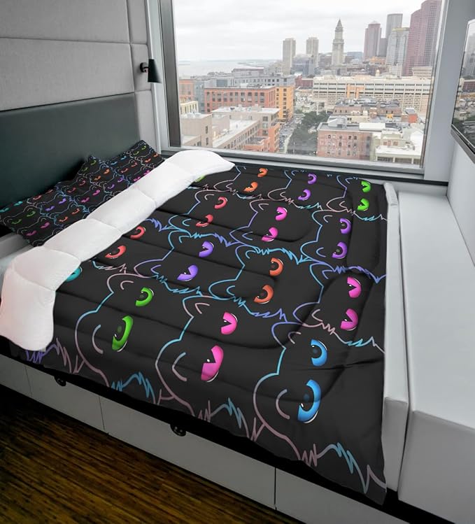 Sunnycitron Cartoon Cat Bedding Full size Black Cat Comforter Gradient Line Bedding set 3D Neon Cat Comforter Cute Cat Bed Set Black Cat Quilt set for Teens Kids Boys Girls Adults