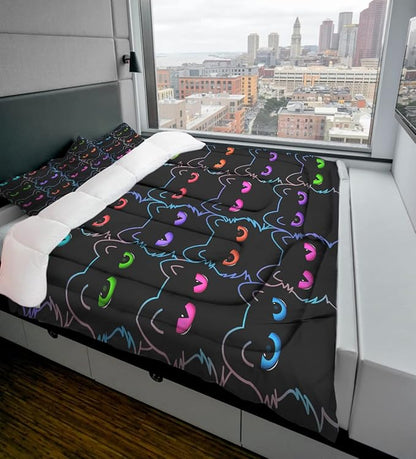 Sunnycitron Cartoon Cat Bedding Full size Black Cat Comforter Gradient Line Bedding set 3D Neon Cat Comforter Cute Cat Bed Set Black Cat Quilt set for Teens Kids Boys Girls Adults