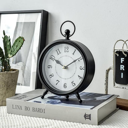 Vintage Non-Ticking Black Table Clock with Stand, Decorative Clock for Desk and Shelf, Rustic Farmhouse Style Mantel Timepiece