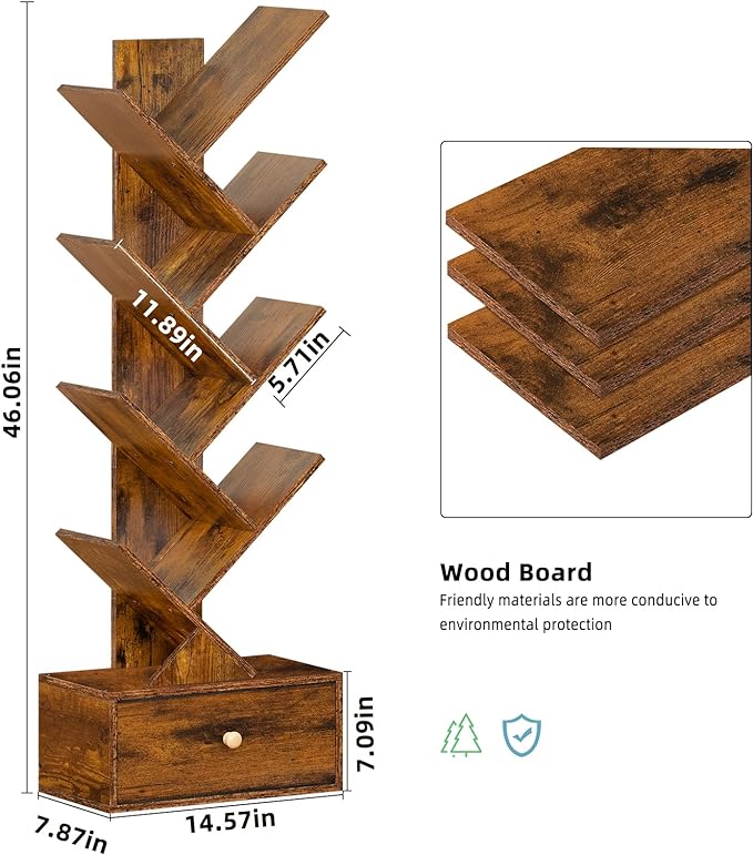 8 Tier Tree Bookshelf with Drawer, Free Standing Wood Bookcase for Narrow Space, Storage Organizer Bookshelves for Books, Book Case for Home Office, Living Room, Bedroom, Rustic Brown