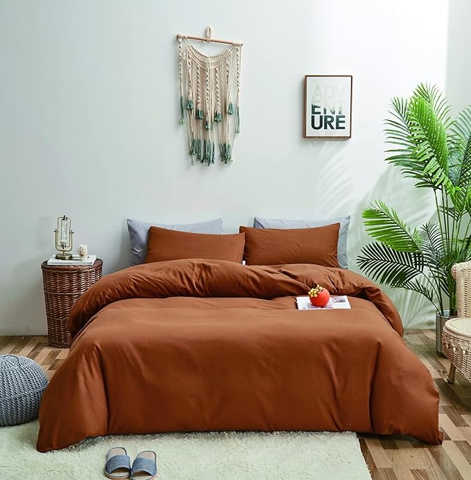 Pumpkin Color Comforter Sets Cinnamon Color Bedding Set King 3 PCs Pumpkin Comforter Sets Women Breathable Soft Burnt Orange Bedroom Collection Solid Rust Color Adults Pumpkin Bedding King