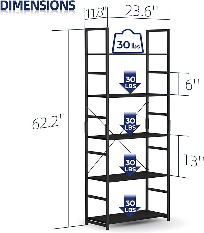 NUMENN 5 Tier Bookshelf, Tall Bookcase Shelf Storage Organizer, Modern Book Shelf for Bedroom, Living Room and Home Office, Black