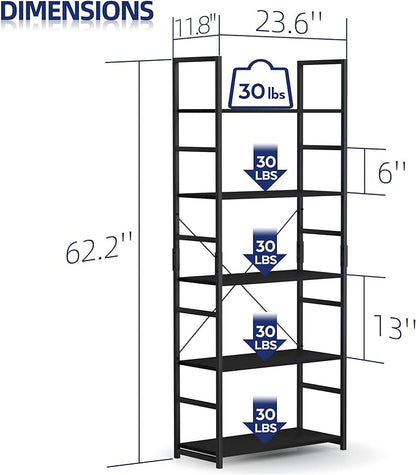 NUMENN 5 Tier Bookshelf, Tall Bookcase Shelf Storage Organizer, Modern Book Shelf for Bedroom, Living Room and Home Office, Black