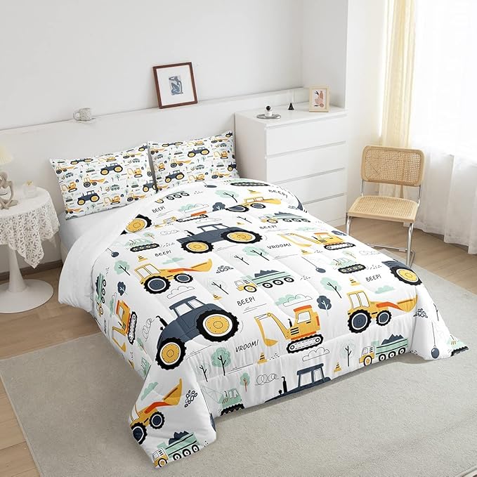 Cartoon Cars Kids Comforter Set Tractor Boys Comforter Cute Excavator Decor Kawaii Soft Bedding Set Cartoon Trees Cars Colorful All Season Quilt Room 3Pcs Full Size Boys